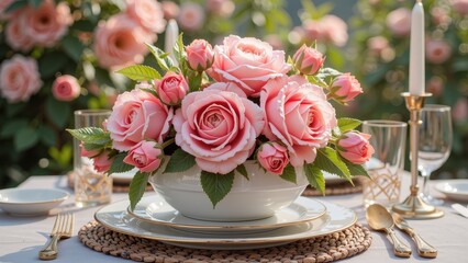 Bouquet of vibrant pink roses, fully bloomed, nestled in a pristine white bowl atop a crisp white tablecloth-covered table. Surrounding foliage adds lush detail to the captivating close-up scene