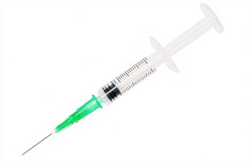Fototapeta premium Medical Syringe Needle Healthcare Injection Device Equipment Sterile Clear Plastic Green Tip White Background