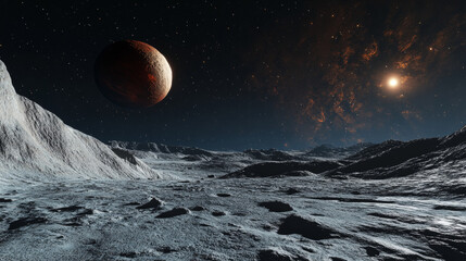 Space galaxy vector planet cartoon background. Fantasy cosmos universe illustration with moon crater and abstract satellite texture. Red asteroid land at night to travel with solar mission concept