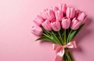Fototapeta premium A bouquet of tulips on a pink background is the concept of International Women's Day on March 8th