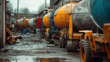 A row of industrial cement mixers in a muddy construction area.