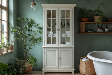 White wooden bathroom cabinet with glass-paneled door and shelves, next to a light grey freestanding bathtub, featuring spa products and plants on display shelves.