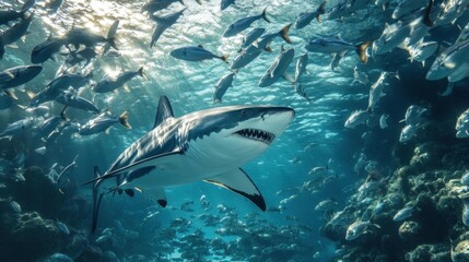Fototapeta premium A majestic shark swimming among schools of fish in vibrant ocean waters.