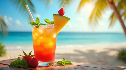 Obraz premium A vividly colored tropical cocktail served on a wooden table, overlooking a bright beach scene. It features fresh fruit garnishes, ice cubes, and mint leaves, evoking a vibrant, summery, and relaxing