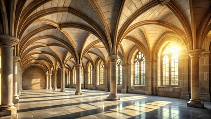 Fototapeta premium Sunlit Grandeur A Majestic Hallway with High Arched Ceilings and Stone Columns