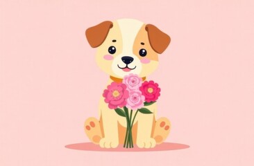 Fototapeta premium a puppy with a bouquet of flowers on a pink background