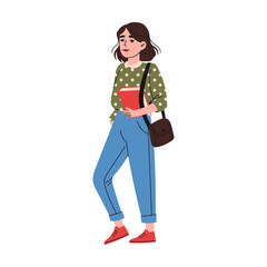 High school girl with bag holding books. Education concept. Hand drawn style