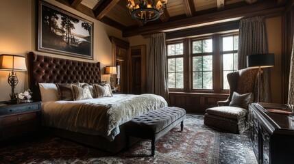 Elegant master suite with a king-sized bed, plush velvet upholstery, and lavish textures, offering a cozy and luxurious ambiance