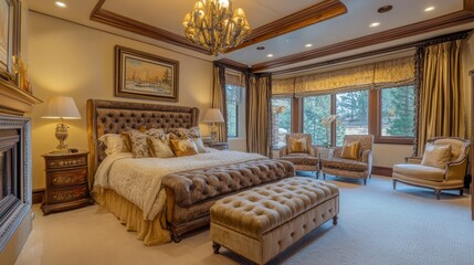 Elegant master suite with a king-sized bed, plush velvet upholstery, and lavish textures, offering a cozy and luxurious ambiance