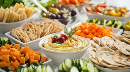 A beautifully arranged spread of healthy appetizers, featuring vegetable sticks, hummus