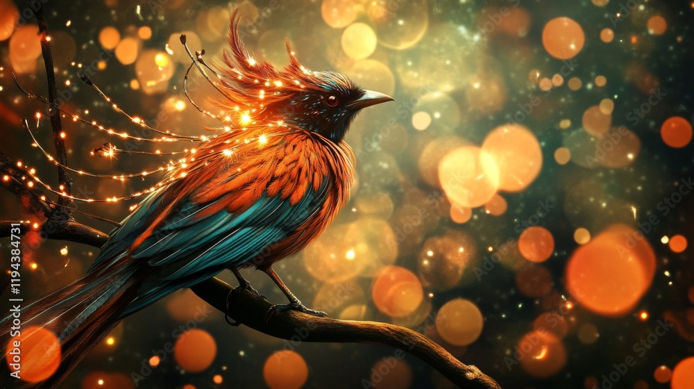 Aufkleber Close-up of a striking bird with elaborate feather details, perched on a branch, with a background of abstract lights creating a captivating and artistic ambiance.