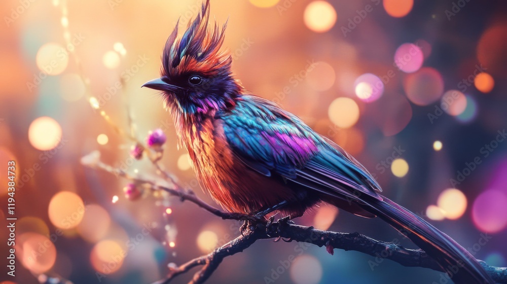 Aufkleber Close-up of a striking bird with elaborate feather details, perched on a branch, with a background of abstract lights creating a captivating and artistic ambiance.