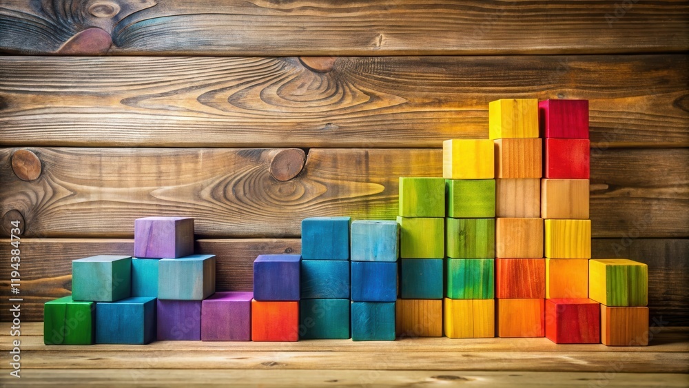 Poster colorful wooden blocks arranged in ascending order on rustic wooden background