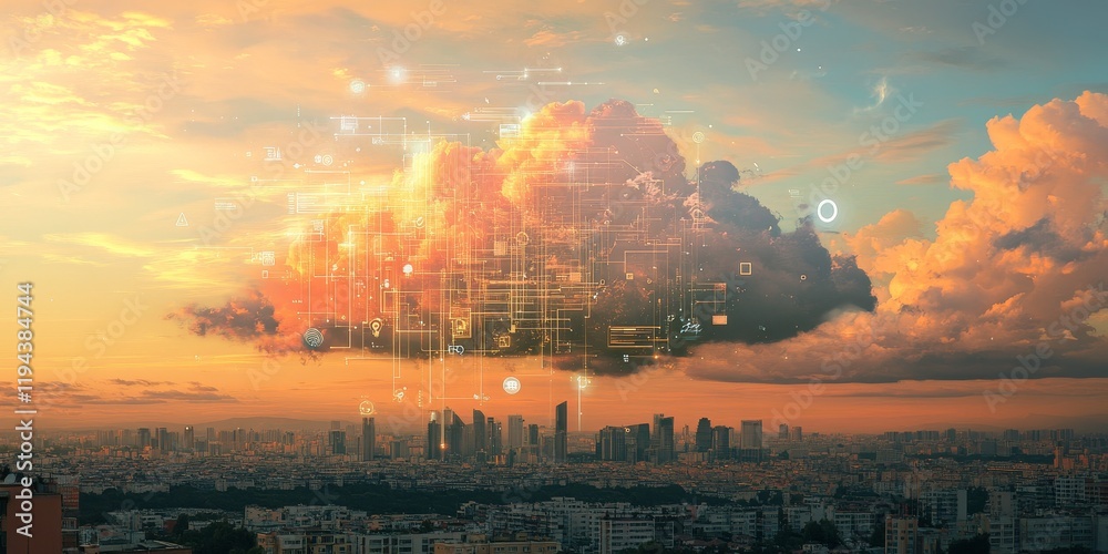 Poster Sunset cityscape with cloud computing concept. (1)