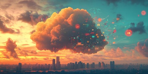 Data cloud over cityscape at sunset. (2)