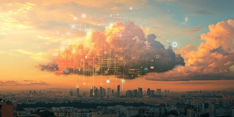 Sunset cityscape with cloud computing concept. (1)