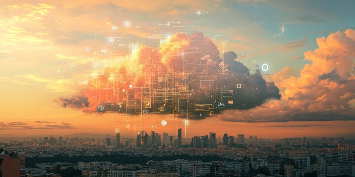 Sunset cityscape with cloud computing concept. (1)