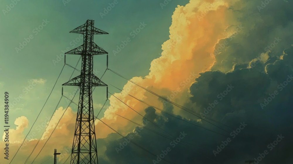 Aufkleber close-up of a tall transmission tower with power lines, set against a dramatic cloudy sky, showcasin