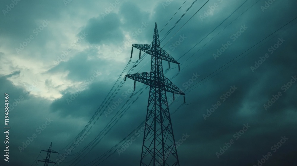 Poster close-up of a tall transmission tower with power lines, set against a dramatic cloudy sky, showcasin