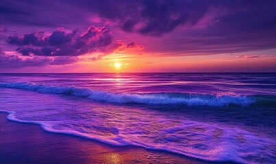 A vibrant sunset over the ocean with waves and colorful clouds.