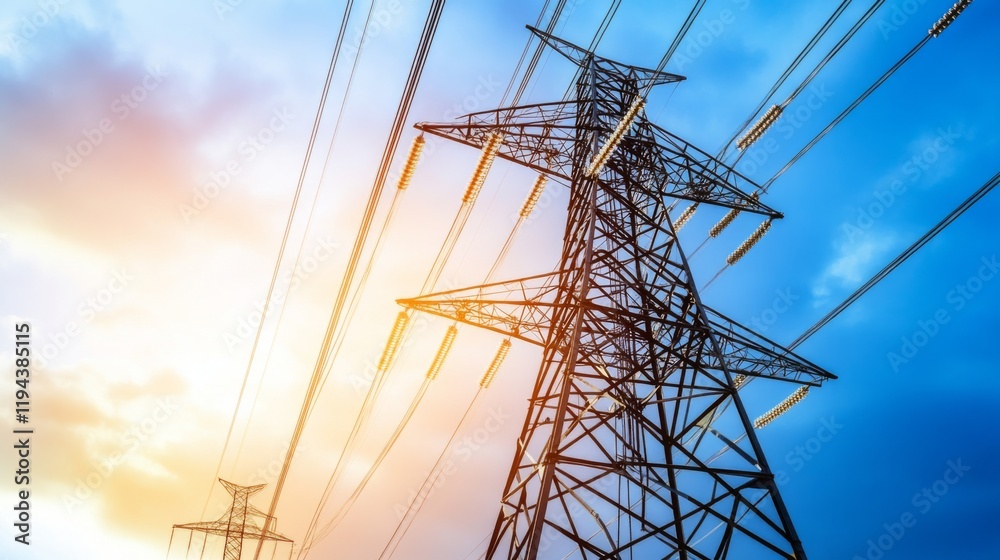 Poster Close-up of a towering electricity pylon with multiple power lines, emphasizing the robust construction and engineering of the electrical transmission system.