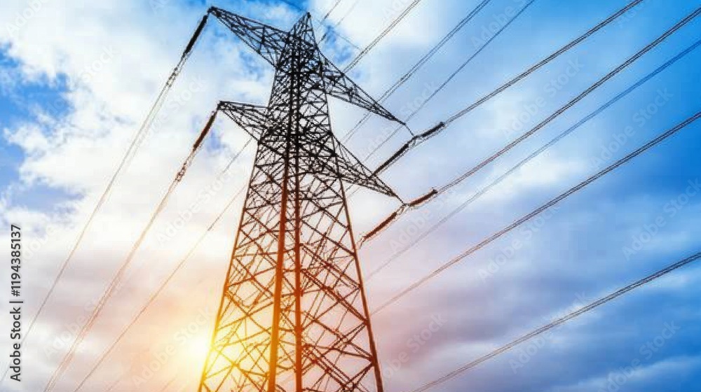 Poster Close-up of a towering electricity pylon with multiple power lines, emphasizing the robust construction and engineering of the electrical transmission system.