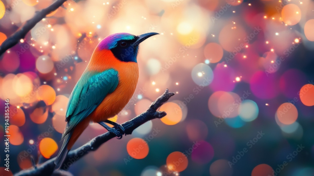 Poster Close-up of a vibrant bird perched on a branch, with a stunning, blurred background of colorful lights and bokeh effects creating a magical atmosphere.