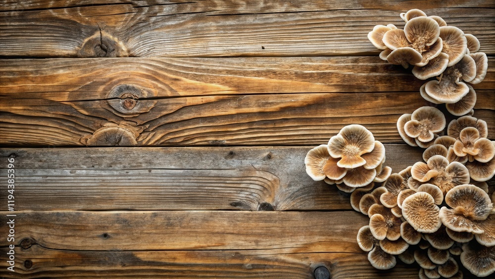 Poster rustic wooden background with delicate cluster of mushrooms