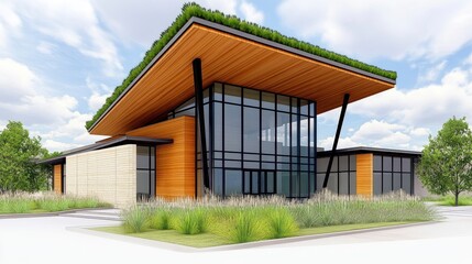 Obraz premium Modern Architectural Design with Green Roof and Glass Facade