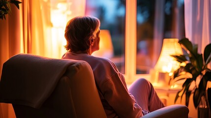 Tired elderly person in pajamas sitting by window, room softly illuminated by moonlight, highlighting sleep disturbance impact.