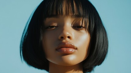 Close-up of a woman with a chic bob haircut, emphasizing the sleek, well-maintained ends and the overall stylish look against a clean background.