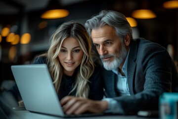 businesswoman and man working together on a laptop in the modern office environment. They are focused and discussing a project, showcasing teamwork and collaboration in a professional setting
