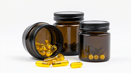 Medicine bottles with clear yellow capsules isolated on white background. Vector realistic mockup of glass or plastic transparent container with open and closed black lid. 3d jars with medical drugs