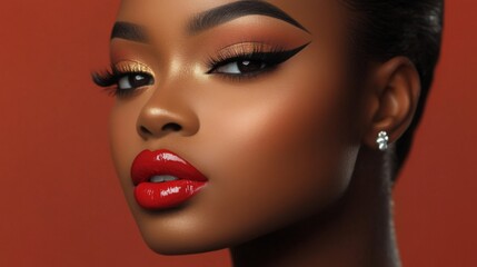 Close-up of a woman with flawless makeup, showcasing perfectly blended foundation, bold eyeliner, and vibrant lipstick, highlighting her elegance and style.