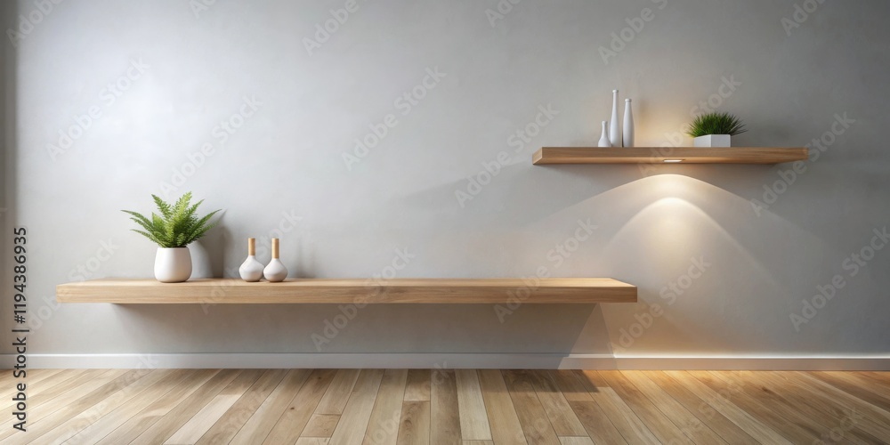 Poster minimalist interior design with floating shelves and subtle lighting