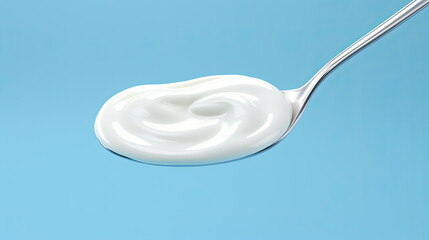 Close-up of Creamy Yogurt on a Spoon Against a Blue Background