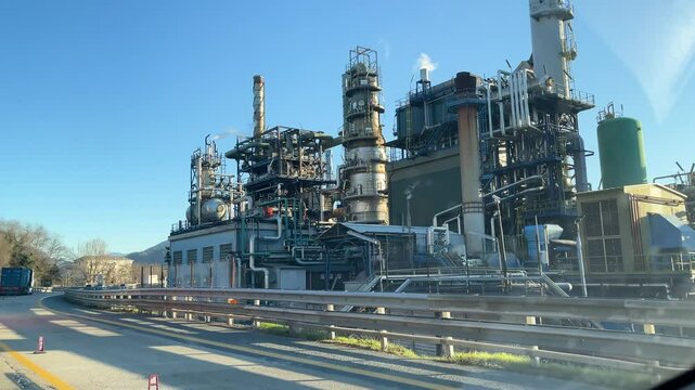 Oil refinery in Italy. Construction and structure in mountains. Minerals and energy. 