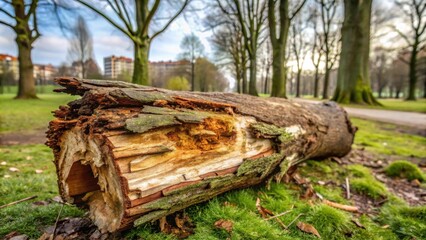 A decaying log rests on a mossy ground in a park setting