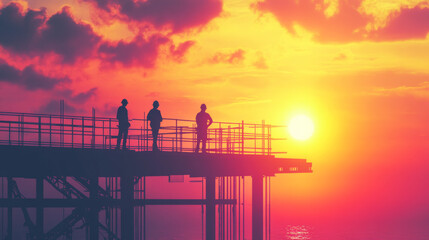 Construction silhouette of team on bridge at sunset, showcasing workers against vibrant sky. scene captures essence of teamwork and dedication in construction