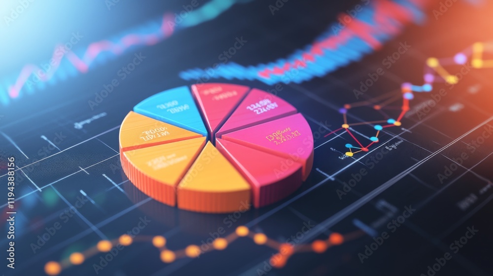 Poster detailed shot of a d pie chart with rotating segments, illustrating a dynamic data analysis with a f