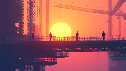 Construction workers silhouetted on bridge during sunset, with cranes in background creating dramatic skyline. vibrant colors evoke sense of hard work and dedication
