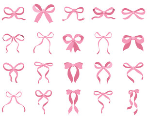 Simple hand drawn pink ribbon bow collection. Bowknot for decoration, big set of bowtie. Large retro ribbon illustration set. Set of various cartoon bow knots, gift ribbons. Valentines day, love sign 
