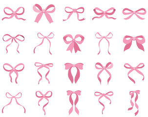 Simple hand drawn pink ribbon bow collection. Bowknot for decoration, big set of bowtie. Large retro ribbon illustration set. Set of various cartoon bow knots, gift ribbons. Valentines day, love sign 