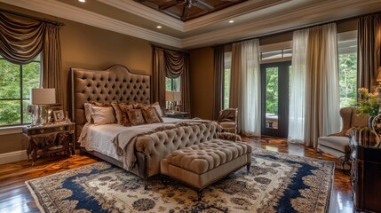 Refined master bedroom featuring a king-sized bed, velvet accents, and rich, opulent textures, exuding comfort and sophistication