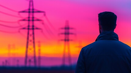 A silhouetted figure gazes at a vibrant sunset, with power lines stretching into the colorful sky, creating a striking contrast of nature and industry.