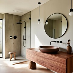 "A modern minimalist bathroom interior featuring a wooden vanity with a round vessel sink and wall-mounted faucet, complemented by a round mirror and pendant lights. The space includes an open walk-in
