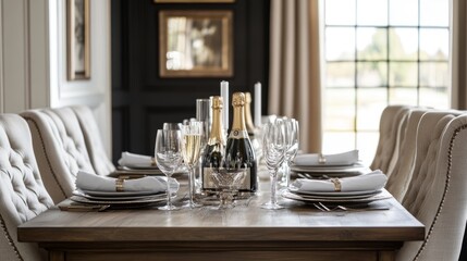 Sophisticated dining setup featuring a six-piece furniture set around a polished wood table, champagne flutes adding a celebratory and elegant touch