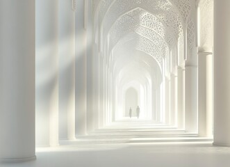 Fototapeta premium A long, white corridor with Islamic geometric patterns on the walls, creating an atmosphere of tranquility and spirituality. Light streams in from above through arched openings. 