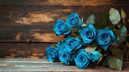 A beautifully arranged bouquet of blue roses on a rustic wooden surface, symbolizing mystery and elegance.