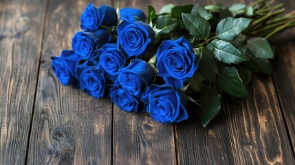 A beautifully arranged bouquet of blue roses on a rustic wooden surface, symbolizing mystery and elegance.